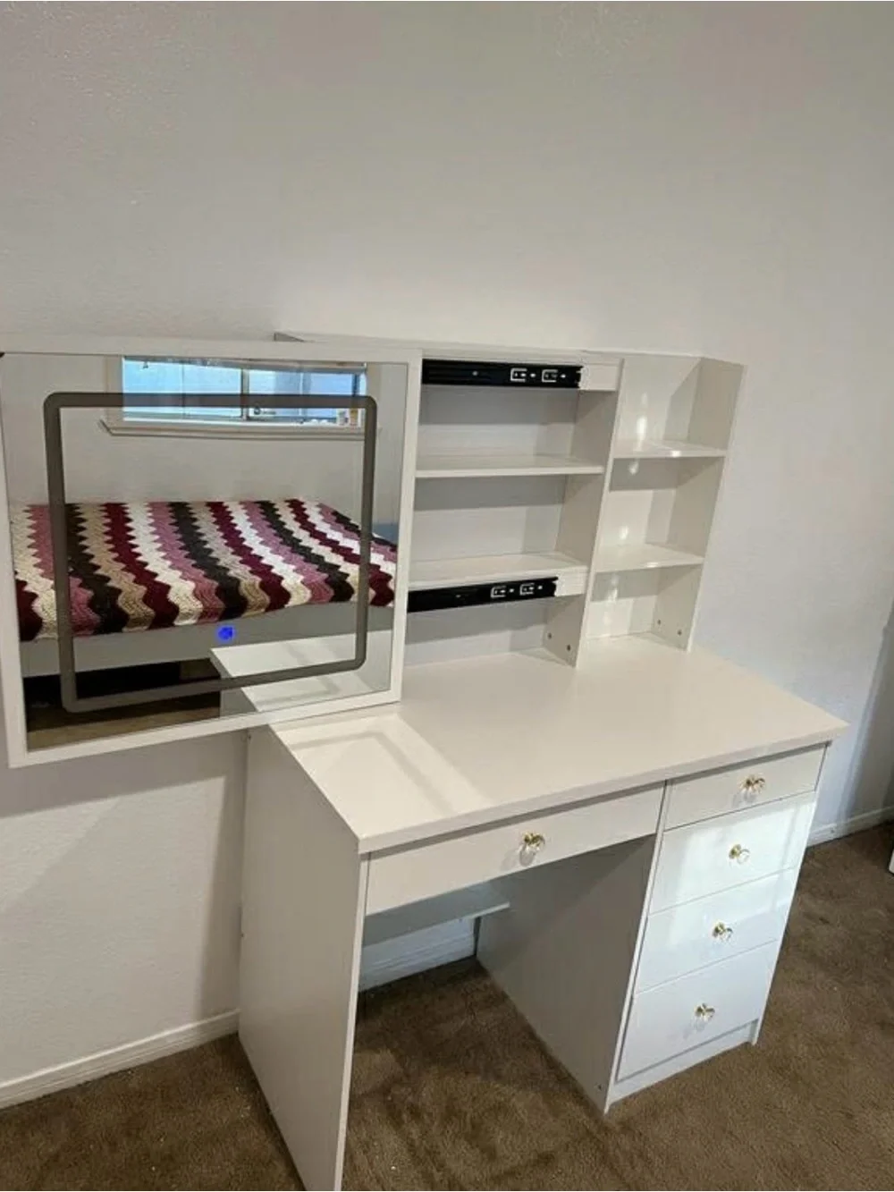 White Vanity Desk with Mirror and Shelving